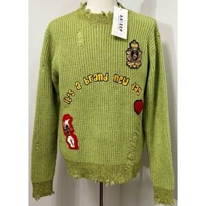 New KLEEP Kelve Heavy Gauge Kelve Ripped Knit Sweater Green Men's Size Small S